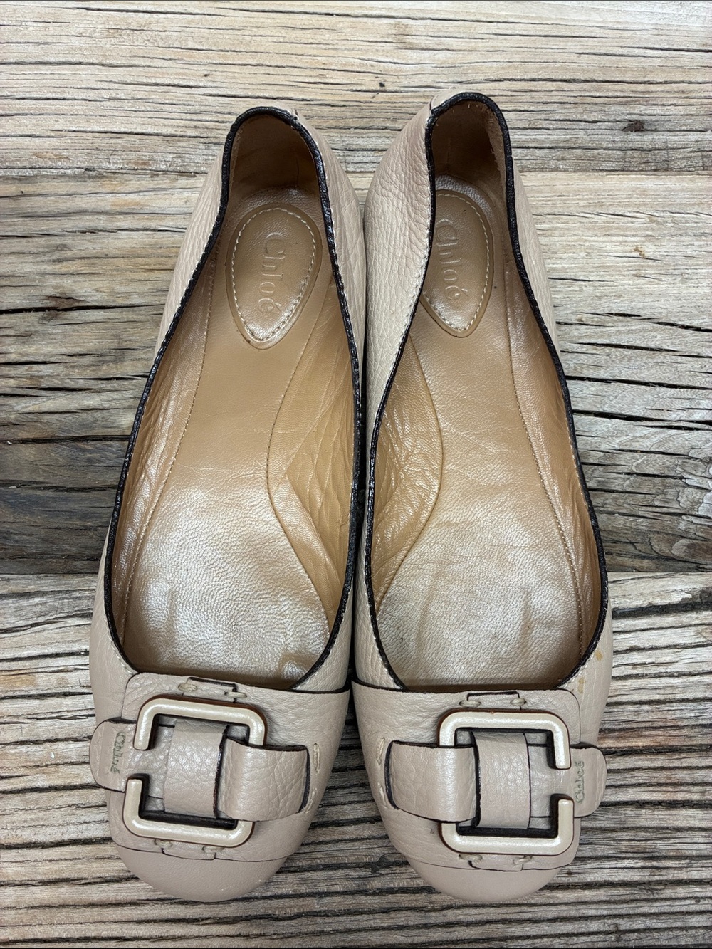 Chloe Beige Leather Buckle Ballet Flats Size 37.5 US 7.5 Made in Italy‎